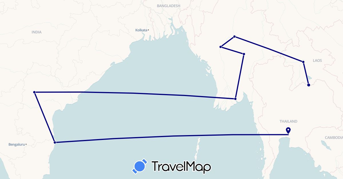 TravelMap itinerary: driving in India, Laos, Myanmar (Burma), Thailand (Asia)